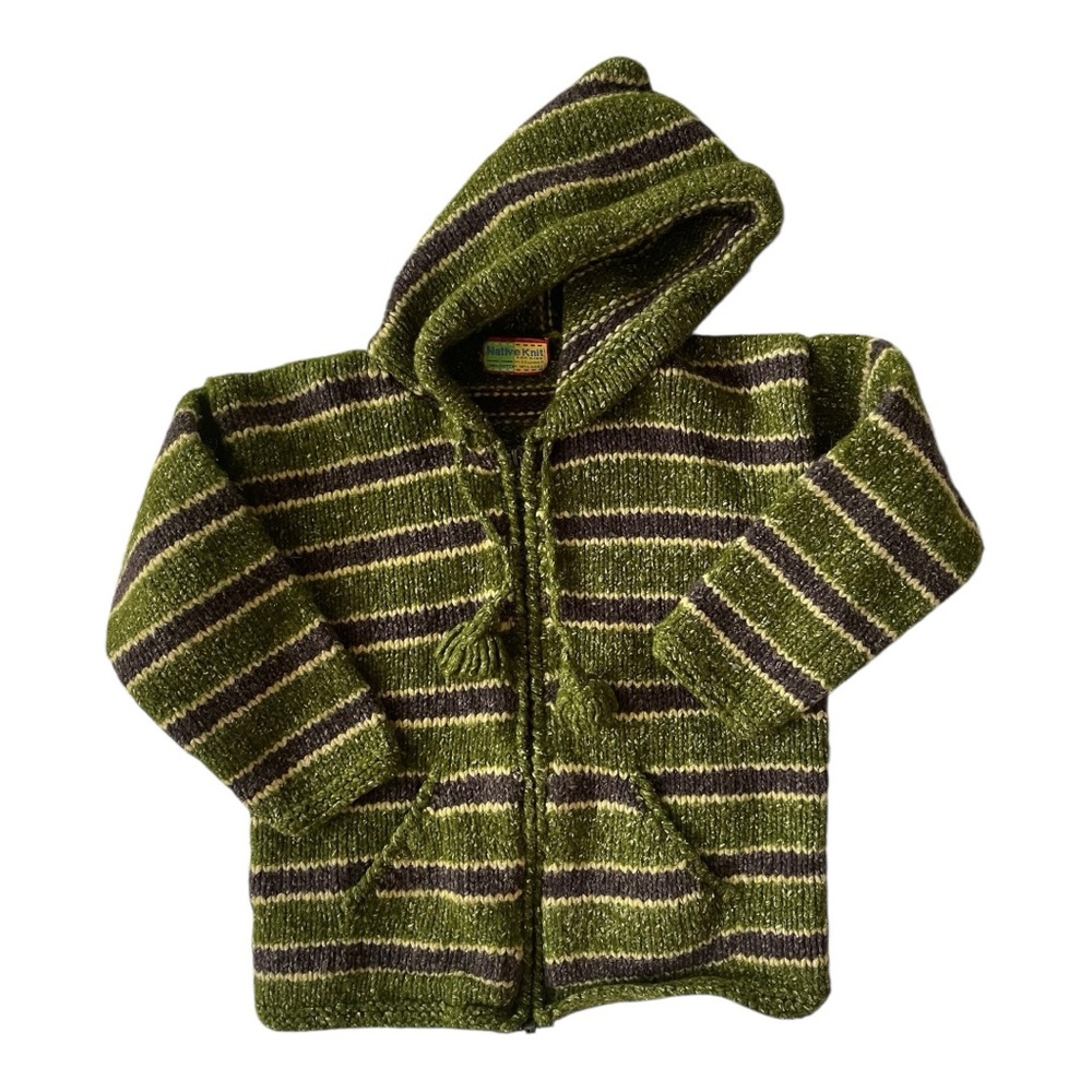 VINTAGE Wool Hoodie Ecuador Striped Kids Sweater Sweatshirt Zip Cotton Green